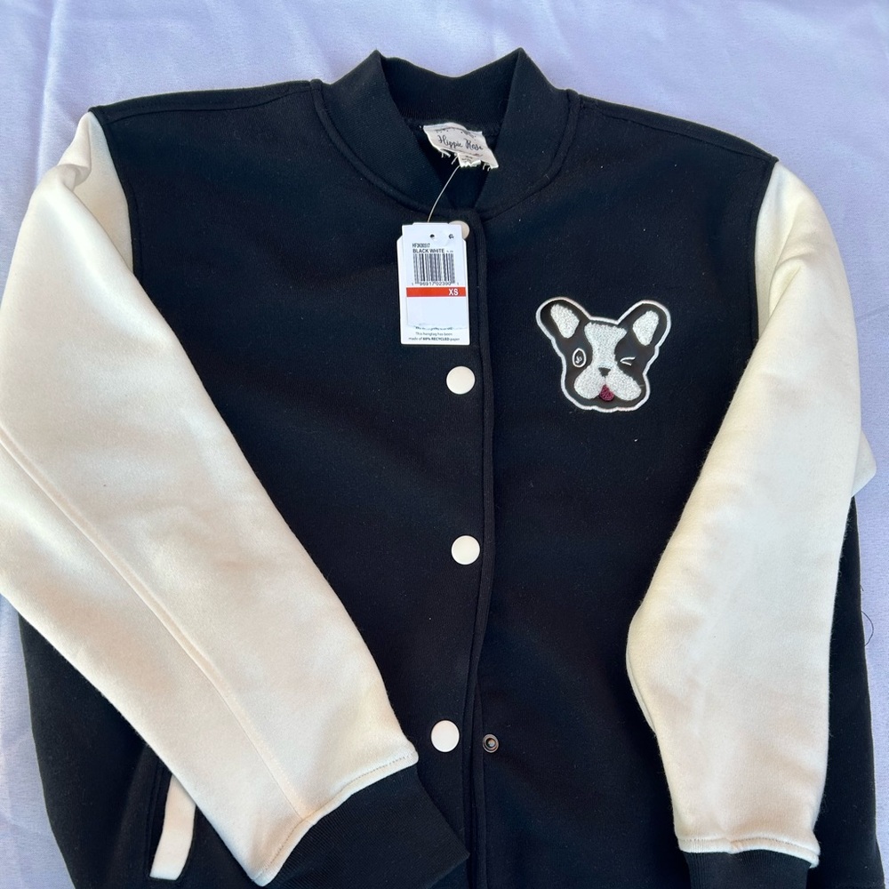 Hippie Rose Kids Varsity Jacket Black White French Bulldog Snap Bomber XS NWT